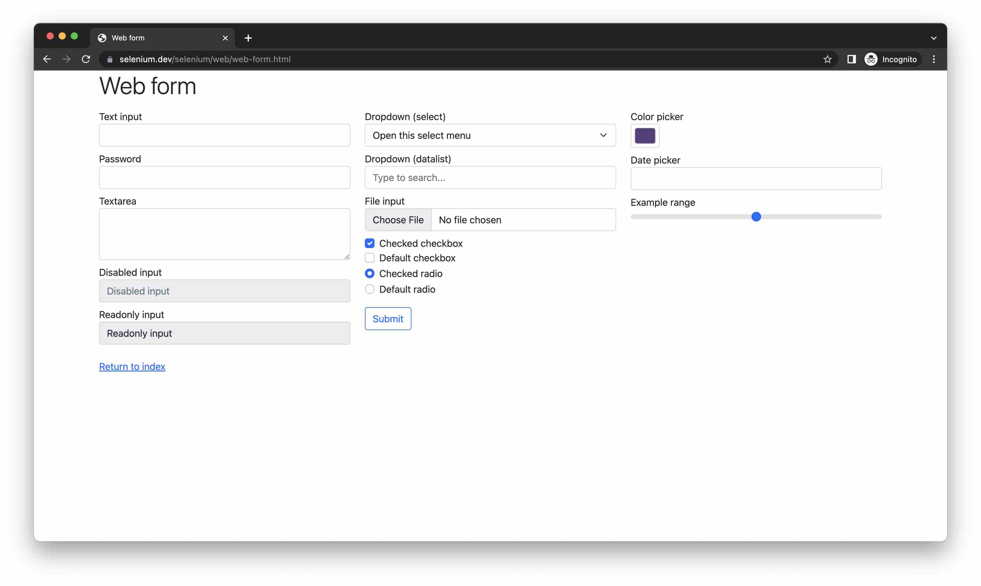 Selenium Web 表单示例页面