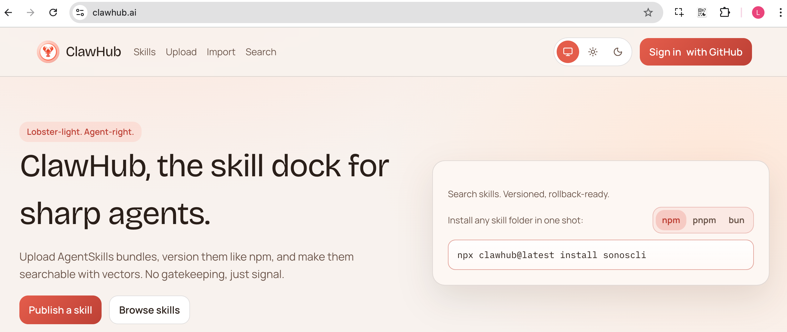 ClawHub 网站截图
